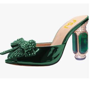 FSJ Green High Heel Crystal Chunky Heeled Rhinestone Bow Peep Toe Slip On Mules